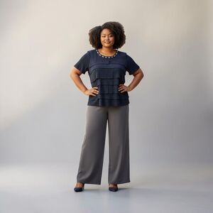 Alfrd Dunner Black Layered Dressy Top Lge, Trimmed Neck